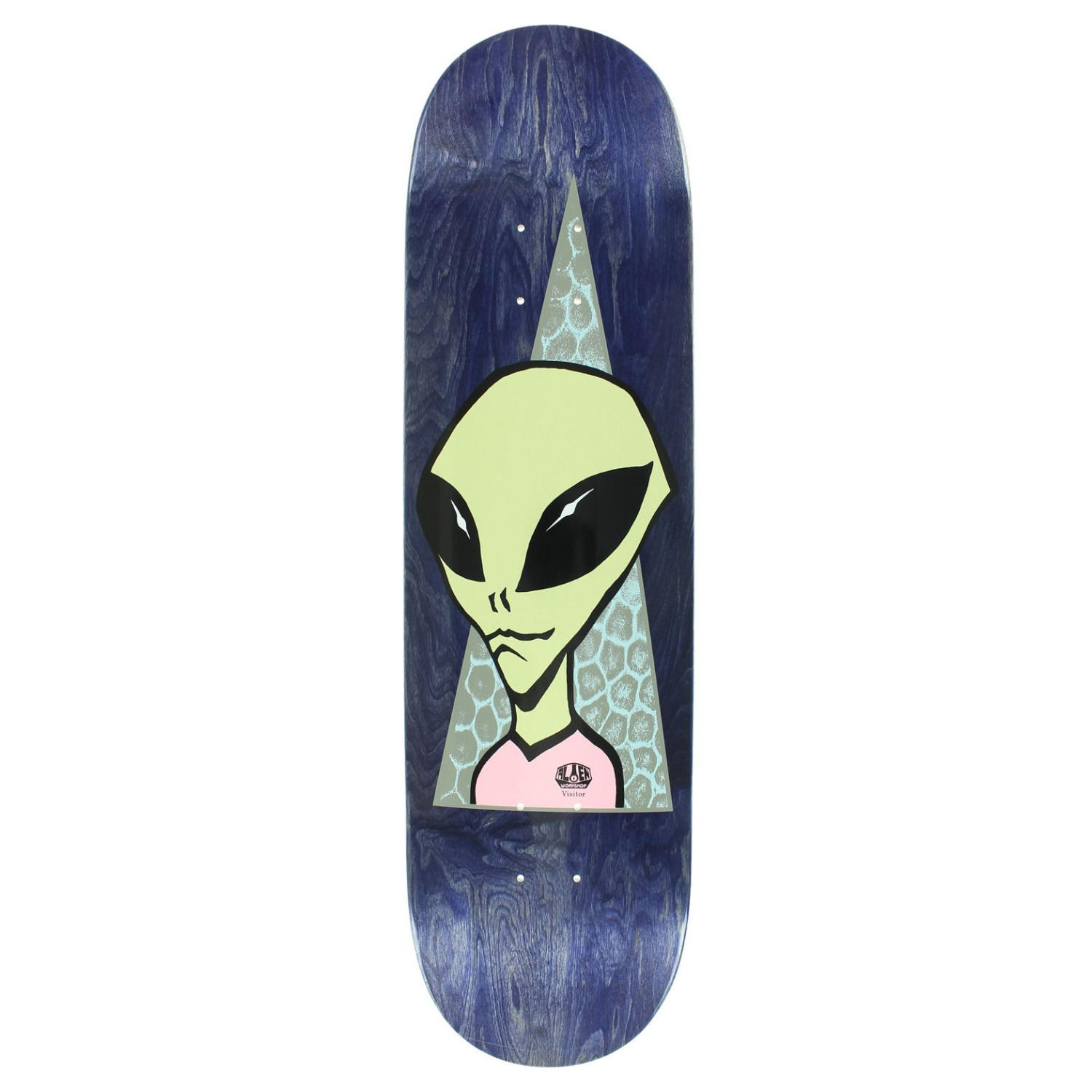 A dark blue wooden Alien Workshop skateboard deck featuring a graphic of a pale green alien wearing a pink shirt, set against a grey triangular background.