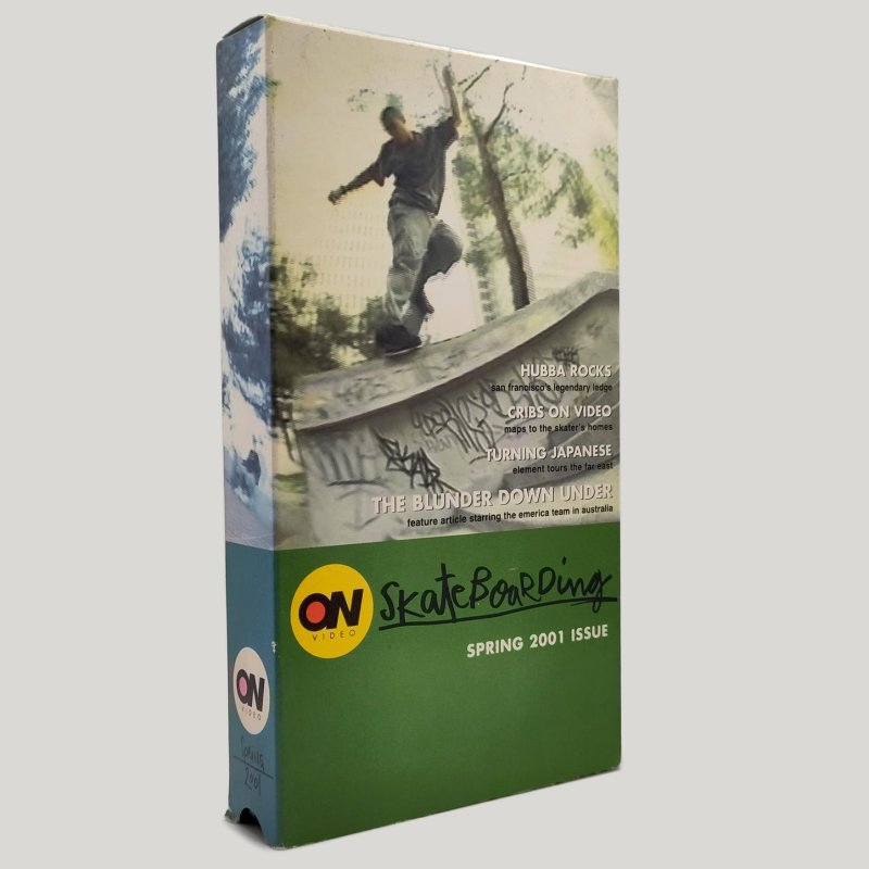 A VHS tape sleeve for 411VM 100 or ON Video Skateboarding Spring 2001 issue featuring a skateboarder riding down Hubba Hideout in San Francisco above a green bottom panel.
