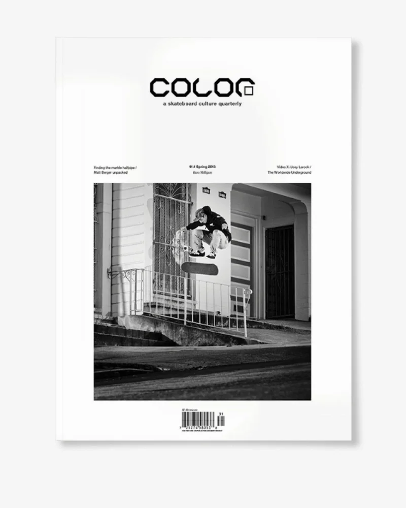 Cover of Color: a skateboard culture quarterly, Spring 2013 issue, featuring a black-and-white photo of a skateboarder performing a trick over a porch railing.